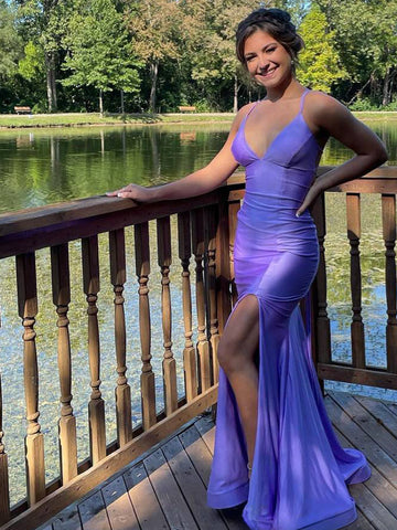 Kenny | Vestido de fiesta sirena con tirantes lila y espalda con cordones 