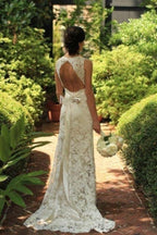 Robe de mariée fourreau en dentelle, dos nu, longueur au sol, modèle WD095