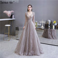 khaki Muslim Arabia Crystal  Beading Evening Dresses  Gowns For Woman 2025 Long Sleeve Formal Dress Design LA70430