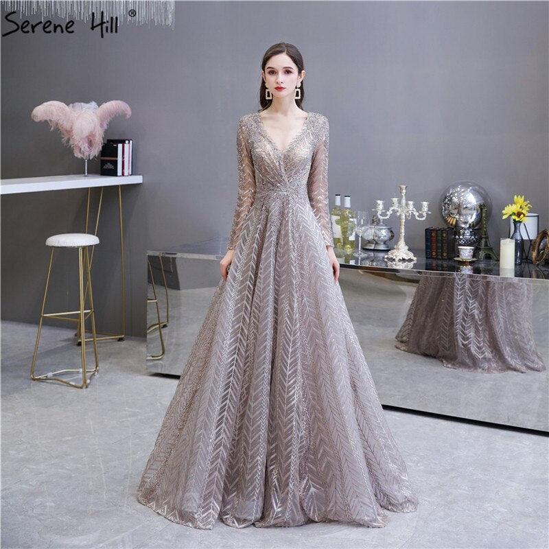 khaki Muslim Arabia Crystal  Beading Evening Dresses  Gowns For Woman 2025 Long Sleeve Formal Dress Design LA70430