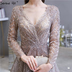 khaki Muslim Arabia Crystal  Beading Evening Dresses  Gowns For Woman 2025 Long Sleeve Formal Dress Design LA70430