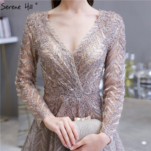 Robe de soirée kaki style musulman, tenue de soirée à manches longues, ornée de perles et de cristaux, style LA70430, 2025 