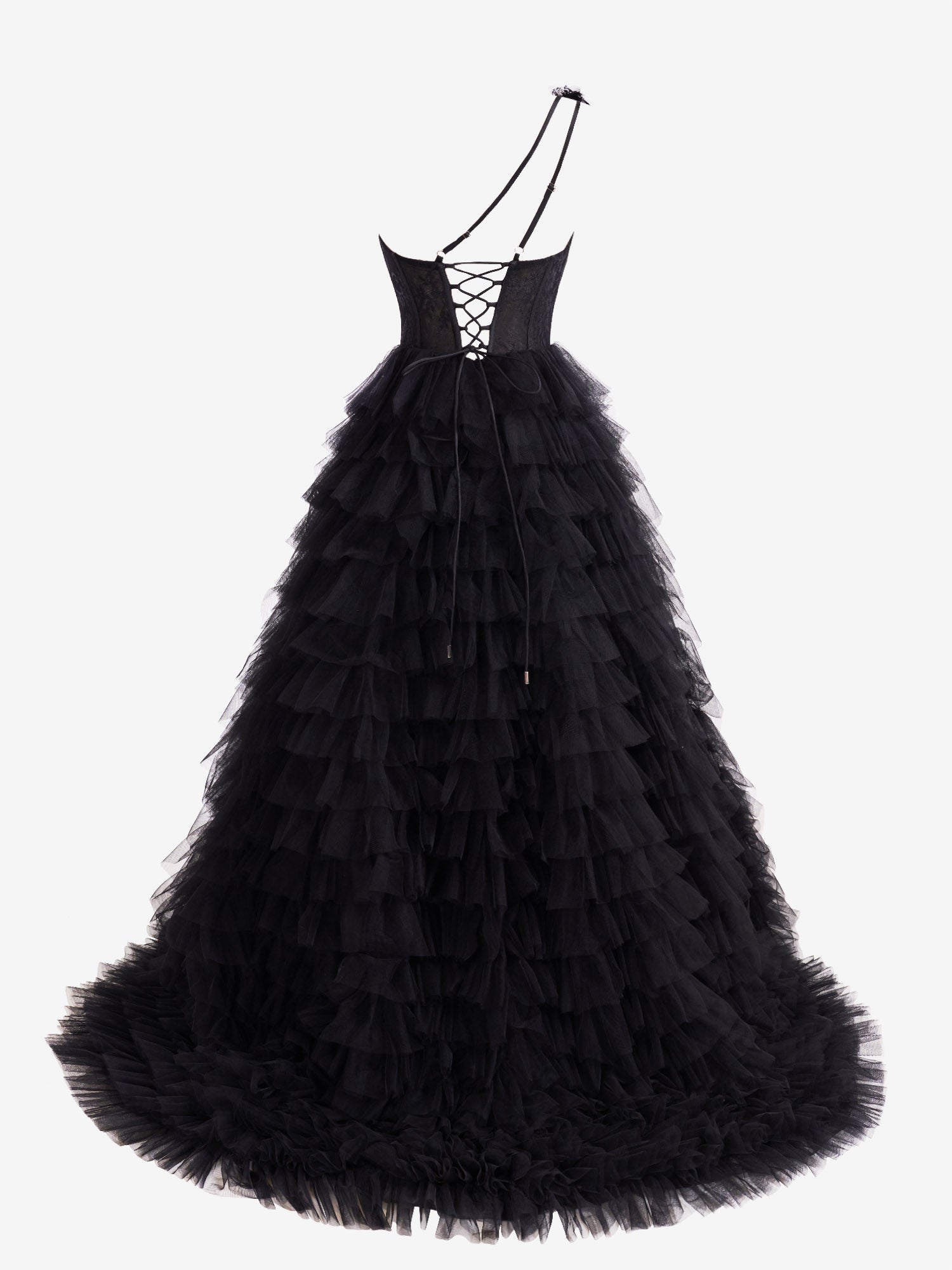 Vestido largo de fiesta de corte asimétrico con un solo hombro y volantes