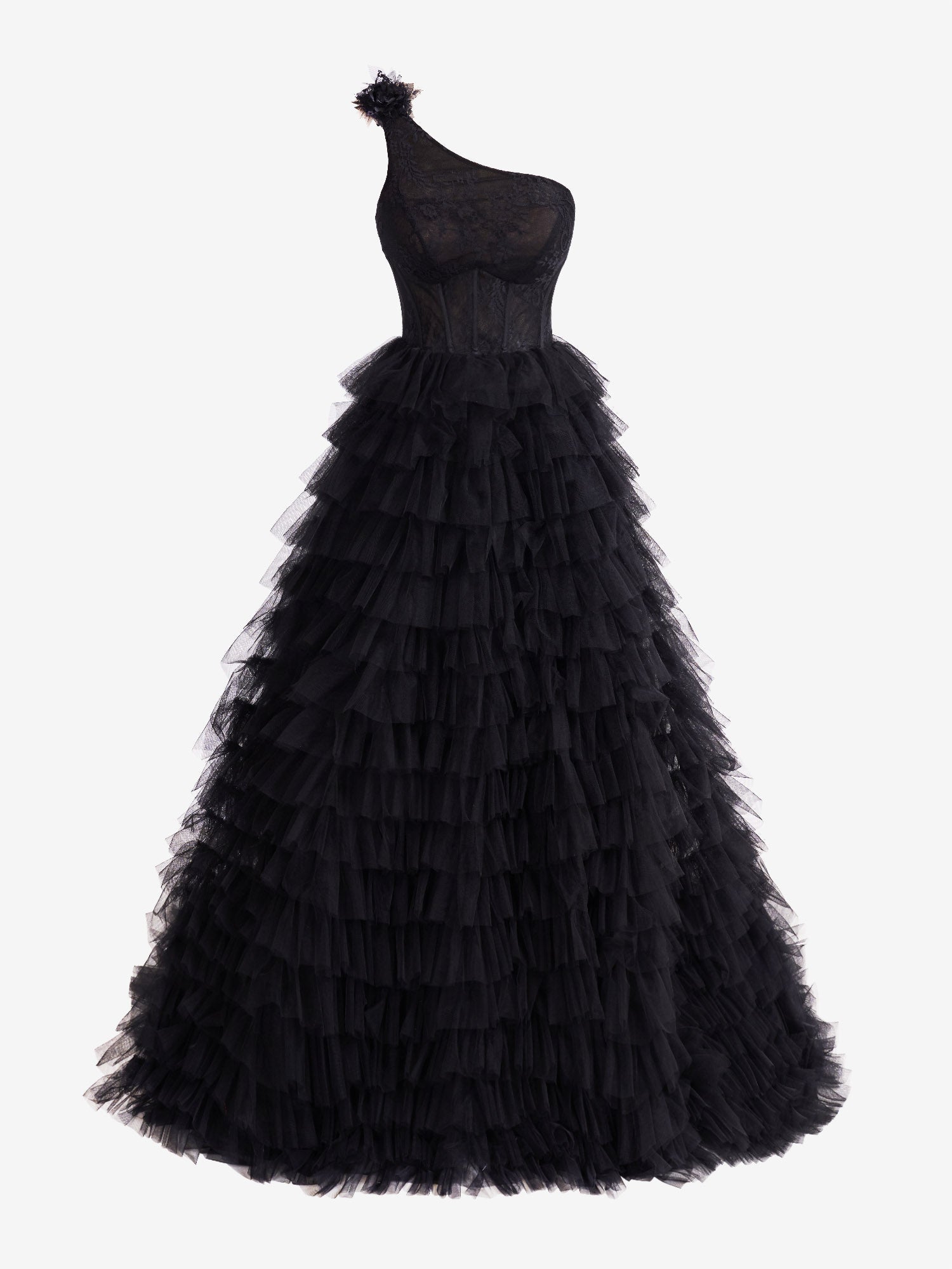 Vestido largo de fiesta de corte asimétrico con un solo hombro y volantes