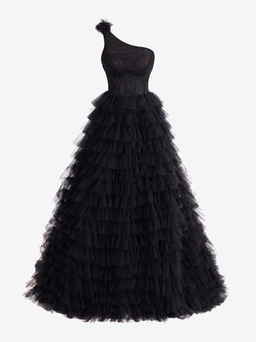 Robe de bal longue asymétrique à volants en forme de A