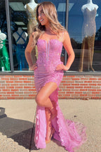 Kirsti | Robe de bal sirène rose en dentelle à col V et fente