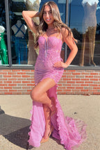 Kirsti | Robe de bal sirène rose en dentelle à col V et fente