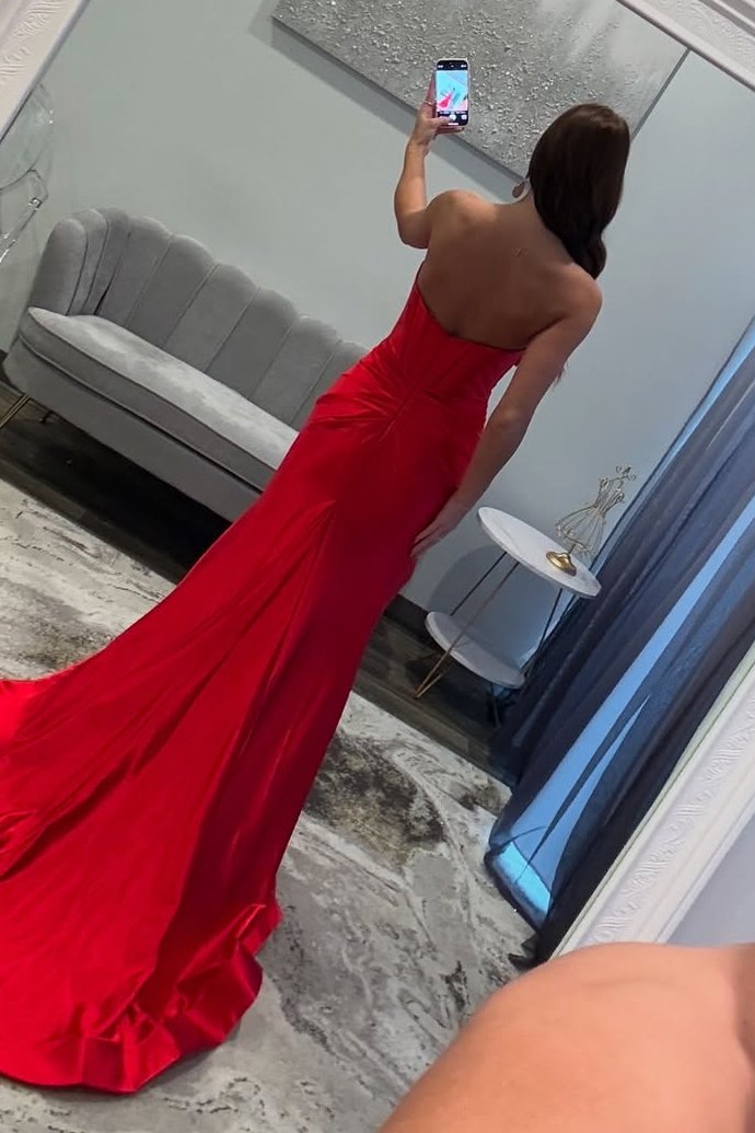 Konrad | Robe de bal longue sirène en satin plissé fendue, col V et nœud papillon