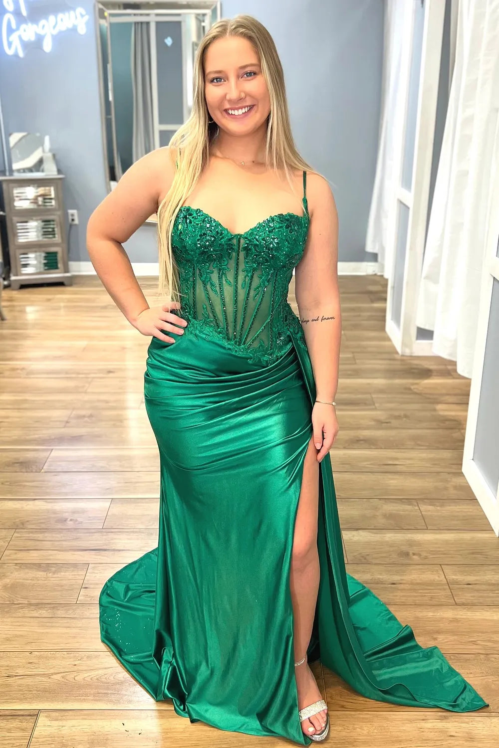 Trendy Silver Spaghetti Straps Satin Mermaid Long Corset Prom Dress with Appliques