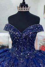 Robe de bal épaules dénudées ornée de sequins et d'appliqués pour quinceañera