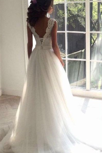 Robes de mariée simples en dentelle, coupe trapèze, sans manches, ceinture et dos nu 