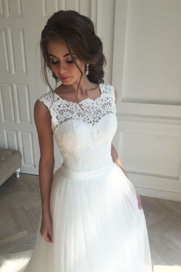 Robes de mariée simples en dentelle, coupe trapèze, sans manches, ceinture et dos nu 