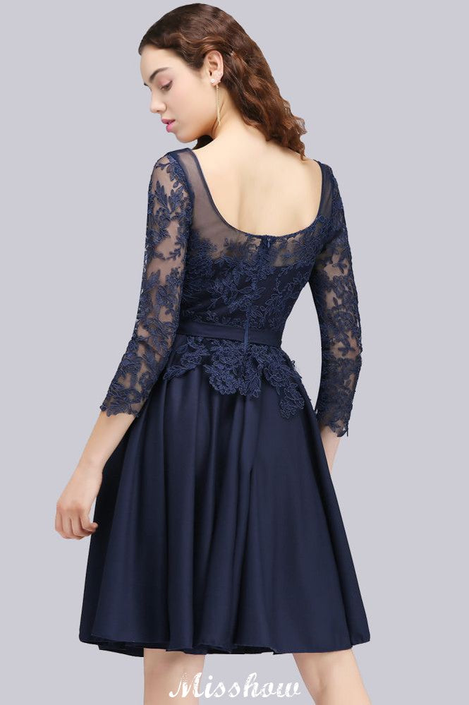 Robe de demoiselle d'honneur courte à manches 3/4 et applications de dentelle, idéale pour une tenue décontractée au quotidien.