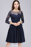 Robe de demoiselle d'honneur courte à manches 3/4 et applications de dentelle, idéale pour une tenue décontractée au quotidien.