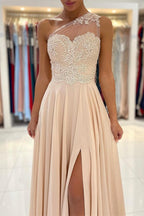 Lace Appliques A-Line Sleeveless One-Shoulder Simple Prom Dress