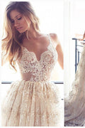 Vestido de fiesta elegante con apliques de encaje, escote en V, espalda descubierta y sin mangas.