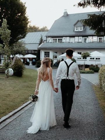 Vestido de novia minimalista con corpiño de encaje, falda de tul y espalda descubierta WD439 