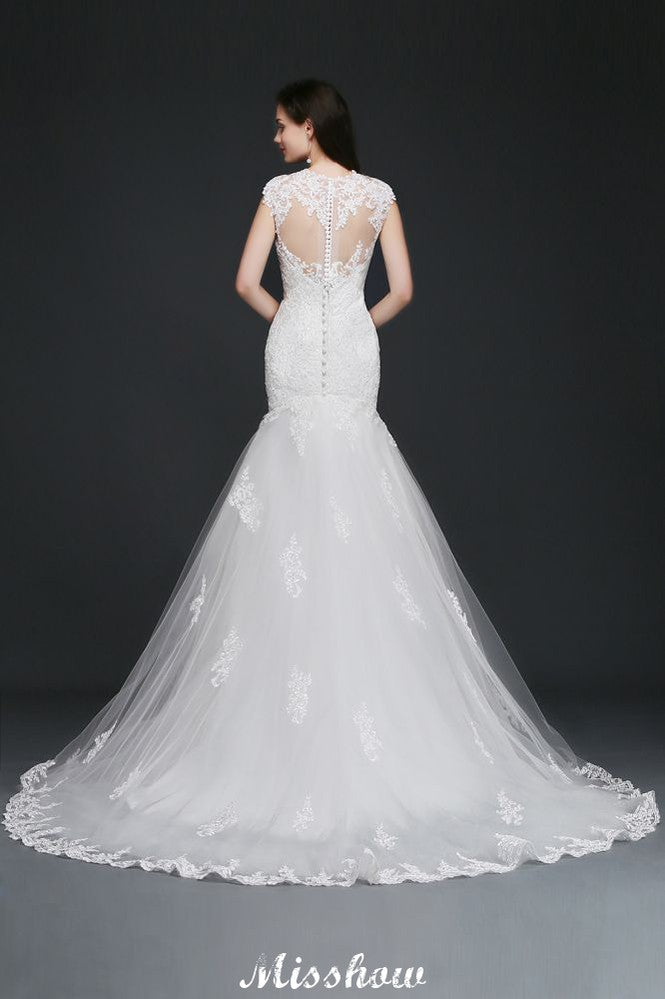 Vestido de novia elegante de sirena con encaje y joyas