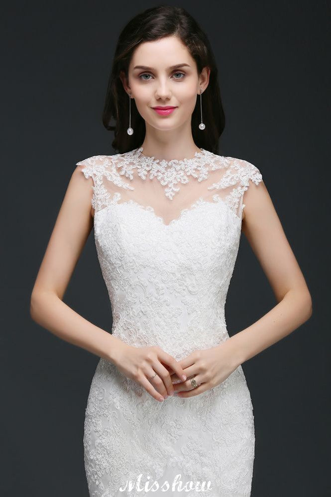 Vestido de novia elegante de sirena con encaje y joyas