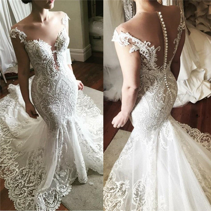 Robe de mariée sirène en dentelle, glamour, en tulle transparent avec boutons