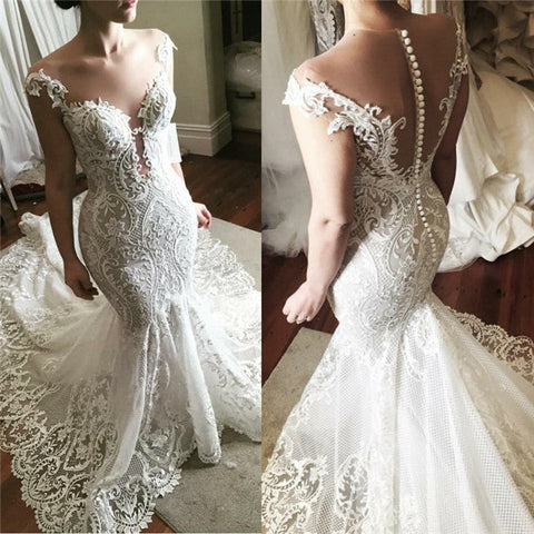 Lace Mermaid Wedding Dress Glamorous Sheer Tulle Bridal Wears with Buttons