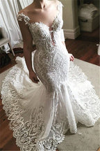 Robe de mariée sirène en dentelle, glamour, en tulle transparent avec boutons