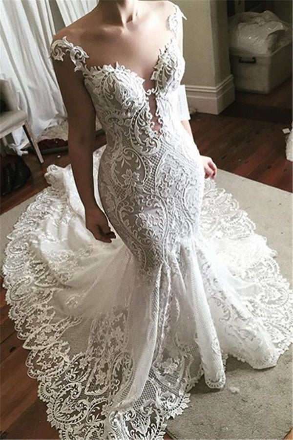 Robe de mariée sirène en dentelle, glamour, en tulle transparent avec boutons