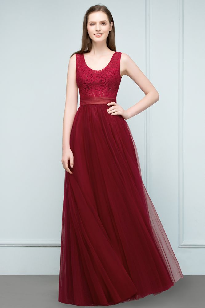 Robe de bal longue sans manches en tulle bordeaux à décolleté rond et haut en dentelle