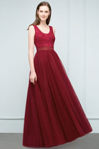 Robe de bal longue sans manches en tulle bordeaux à décolleté rond et haut en dentelle