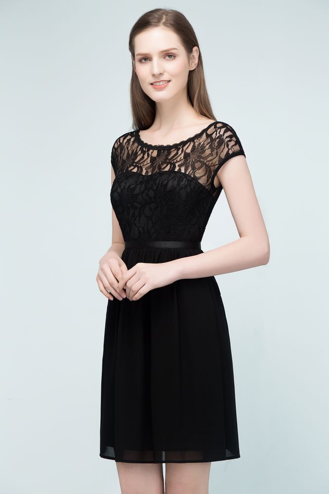 Vestidos de dama de honor cortos de gasa con encaje y escote redondo en línea A