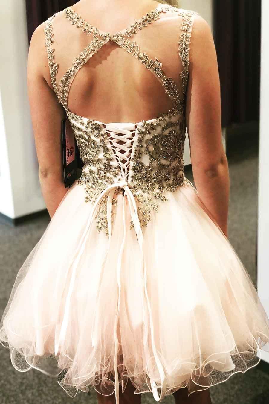 Robe de bal courte à lacets et perles, dos croisé, robe de soirée PD306