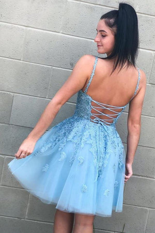 Lace-Up Sky Blue Short Homecoming Dress with Lace Appliques PD332