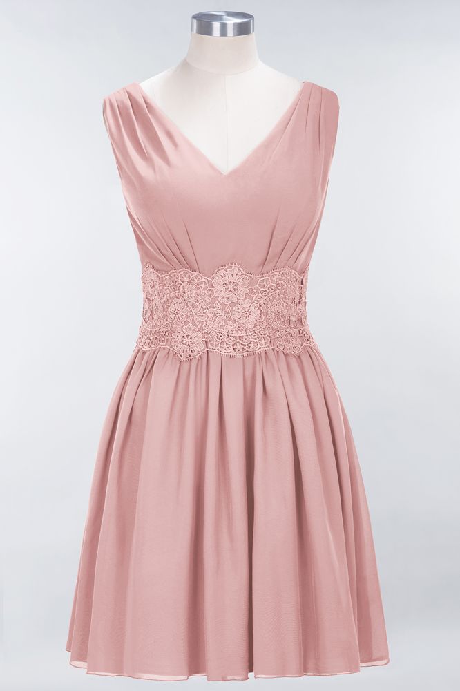 Robe de demoiselle d'honneur mini sans manches à col en V en dentelle, coupe trapèze, en mousseline, pour le bal de fin d'année