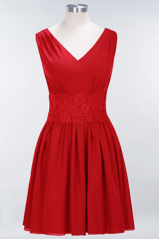 Robe de demoiselle d'honneur mini sans manches à col en V en dentelle, coupe trapèze, en mousseline, pour le bal de fin d'année