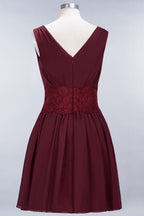 Robe de demoiselle d'honneur mini sans manches à col en V en dentelle, coupe trapèze, en mousseline, pour le bal de fin d'année