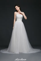 Robe de mariée blanche en tulle, coupe trapèze, sans bretelles, en dentelle et tulle