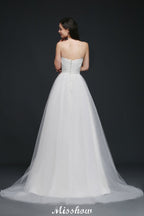 Robe de mariée blanche en tulle, coupe trapèze, sans bretelles, en dentelle et tulle