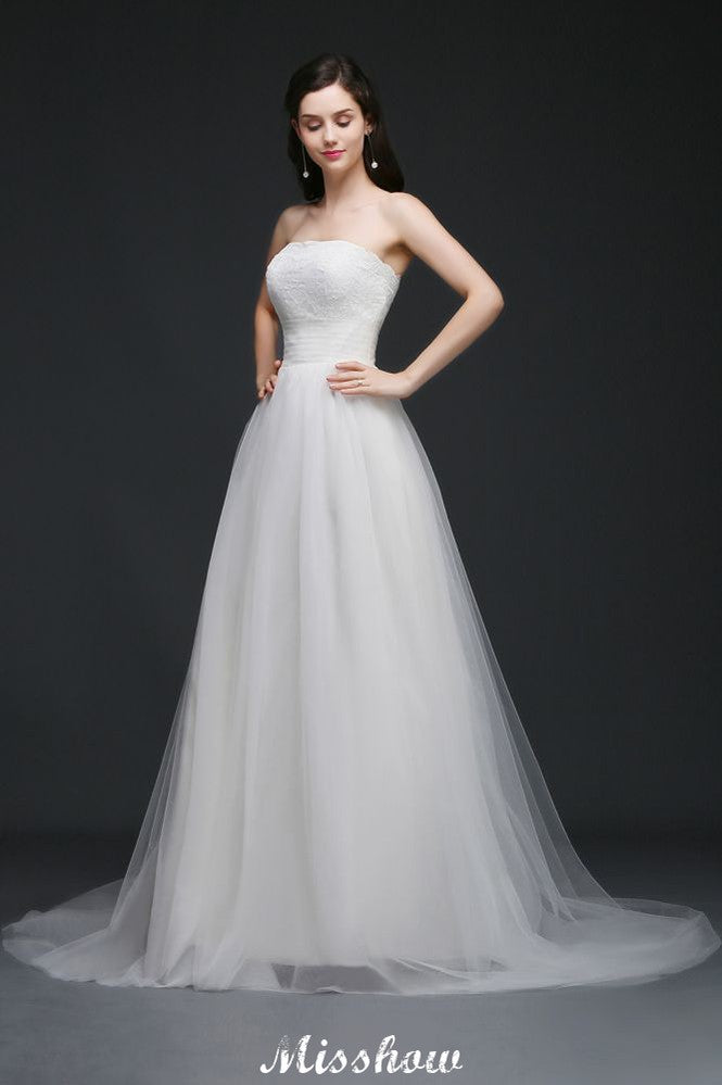 Robe de mariée blanche en tulle, coupe trapèze, sans bretelles, en dentelle et tulle