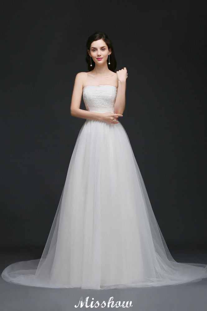 Robe de mariée blanche en tulle, coupe trapèze, sans bretelles, en dentelle et tulle