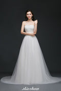 Robe de mariée blanche en tulle, coupe trapèze, sans bretelles, en dentelle et tulle