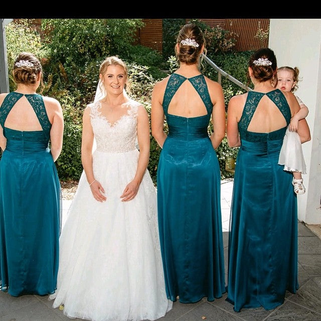 Vestidos de dama de honor sencillos sin mangas con encaje color jade