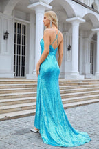 Vestido largo de dama de honor con tirantes finos, escote en V, lentejuelas y corte sirena, para fiesta de graduación, boda, noche, 28084 