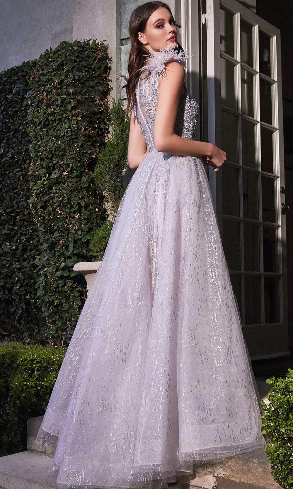 Feather Layered Jewel Neck Evening Dress