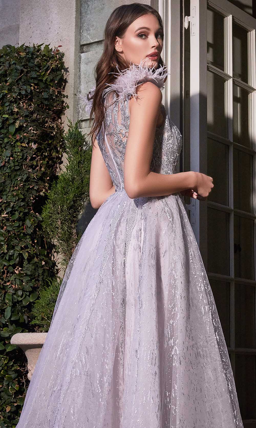 Feather Layered Jewel Neck Evening Dress
