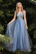 Plunging Beaded A-Line Junior Prom Gown
