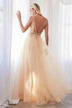 Plunging Beaded A-Line Junior Prom Gown