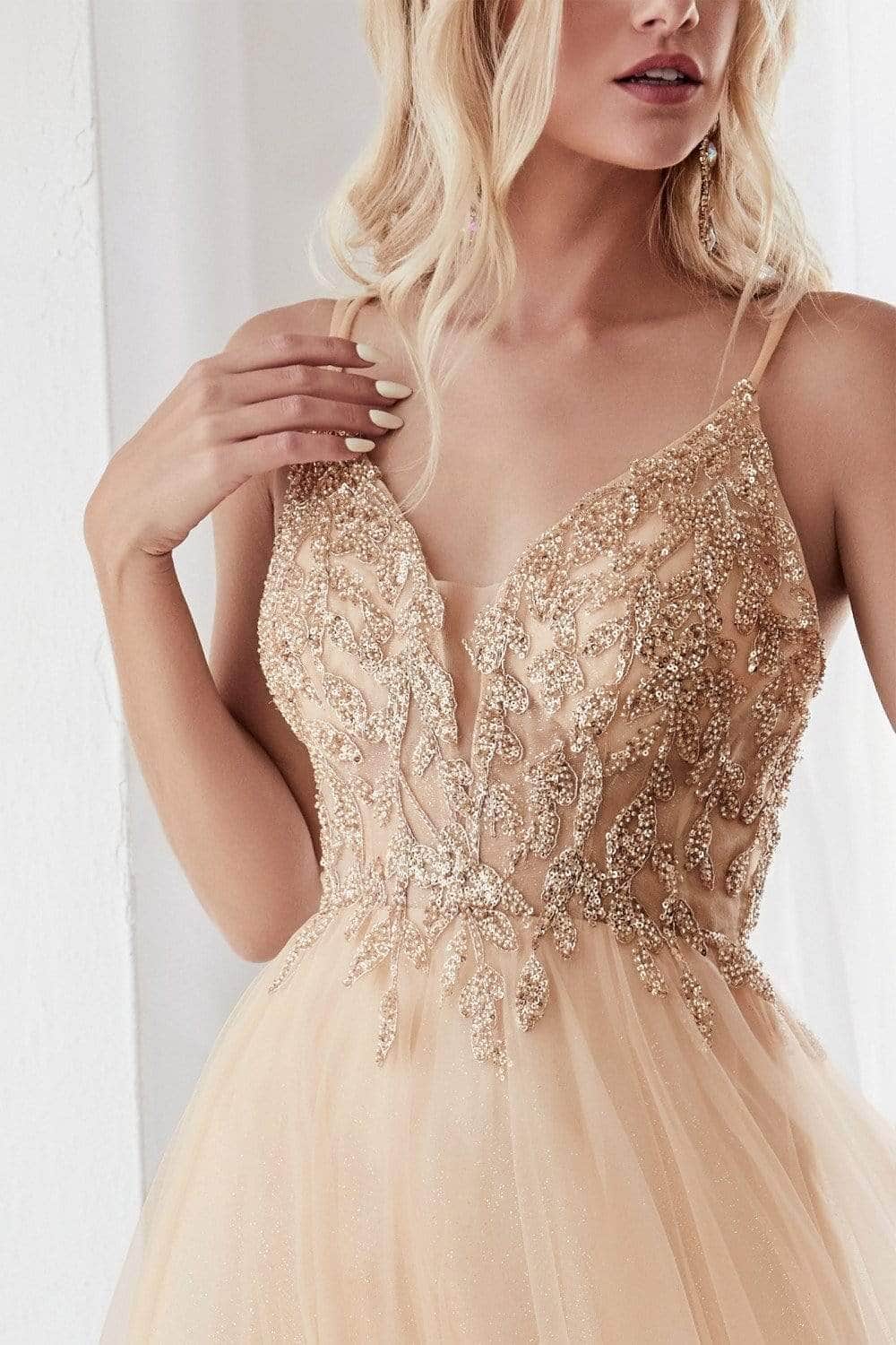 Plunging Beaded A-Line Junior Prom Gown