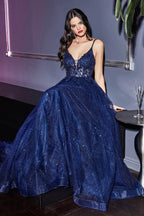 Plunging Beaded A-Line Junior Prom Gown