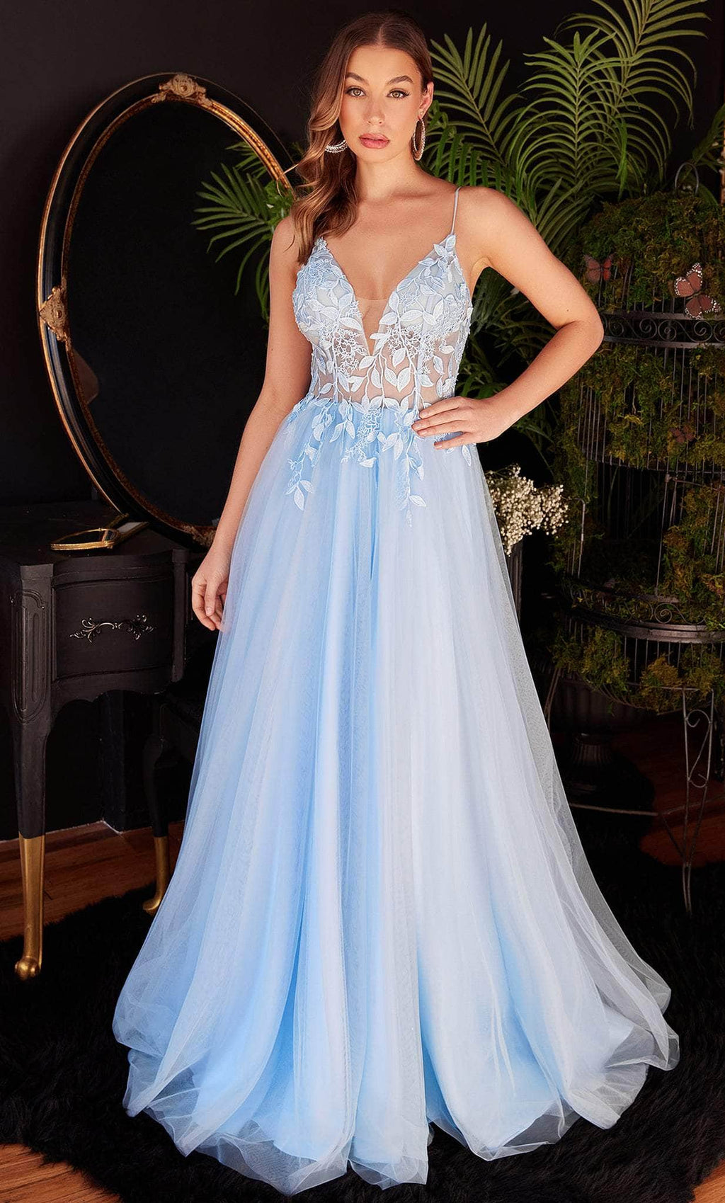 Robe de bal classique à décolleté plongeant en V ornée d'appliqués