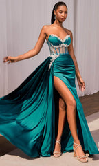Strapless Illusion Waist Evening Gown